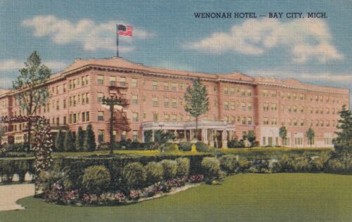 Carte postale MI Bay City Michigan Wenonah Hotel drapeau américain H9 - Photo 1/3
