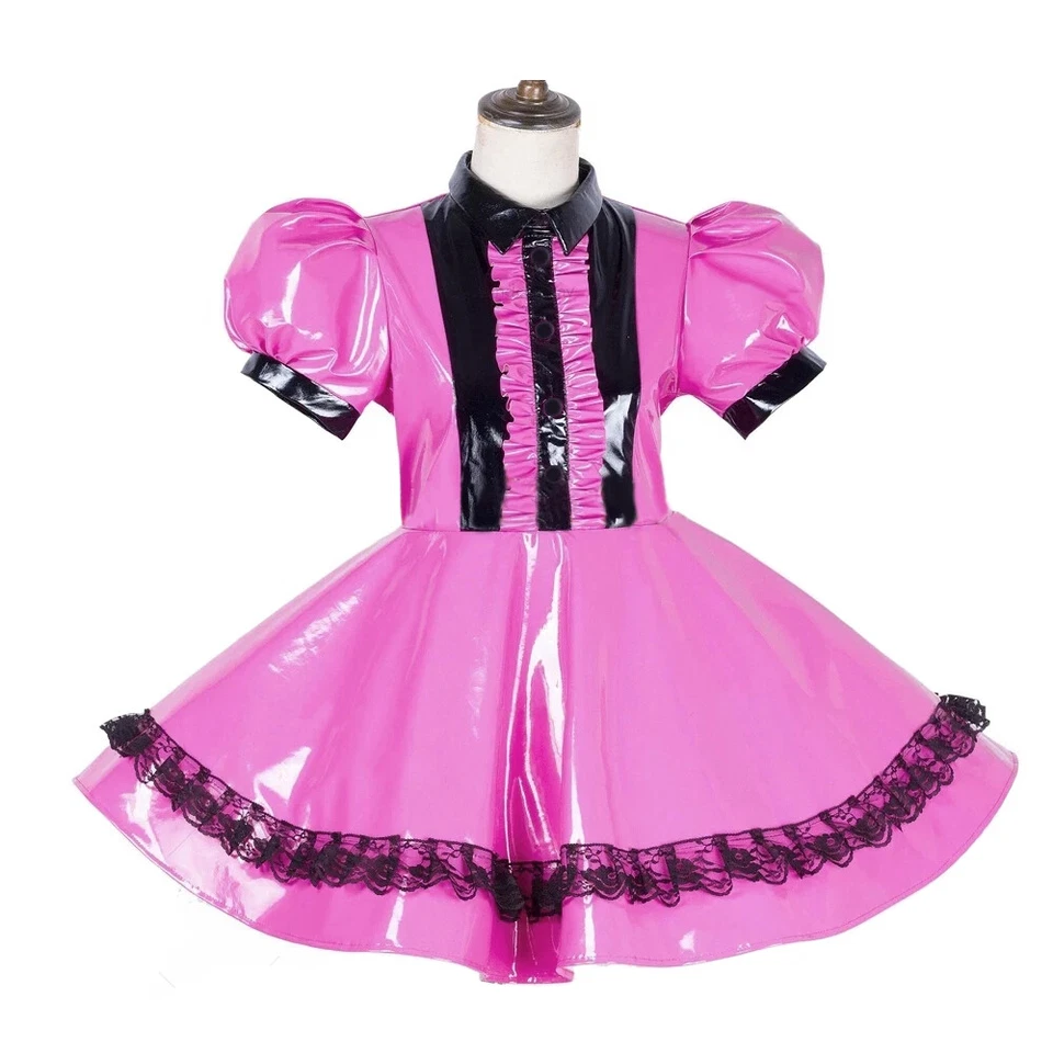 Shiny PVC Short Puff Sleeve Lolita Anime Dress Sissy French Maid Uniform - Image 2 of 4