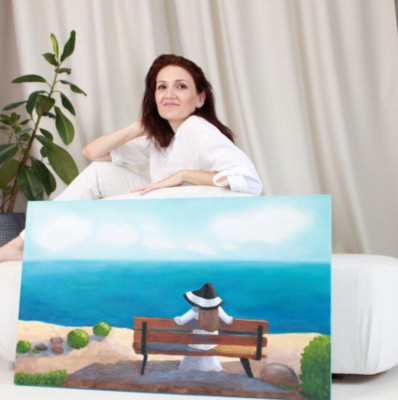 Original Oil Painting Girl near the Sea Sky Seaside Seaview Sunny Beach