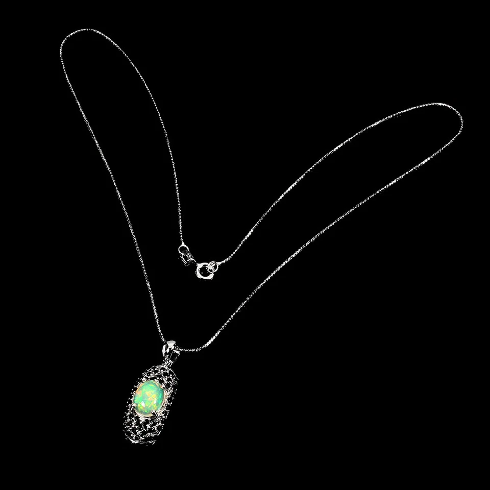 925 Sterling Silber Oval Feuer Opal 9x7mm Schwarzer Spinell Halskette 16 Zoll - Bild 3 von 4