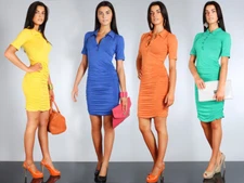 Womens Smart Summer Dress with Collar and Buttons Draped Shape Pencil Tunic 5903