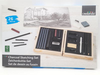 crelando Kohlestift-Zeichenset Kreativsortiment in hochwertiger Box aus Holz