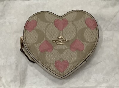 Coach Heart Print Signature Canvas Heart Coin Case Pouch Wallet
