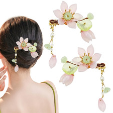 1 Pair Pink Handmade Lotus Hair Clips, Vintage Flower Tassel Clip, Hanfu Decorat