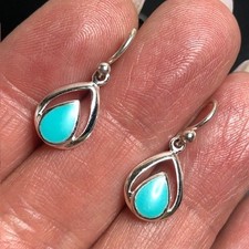 B1025 Sterling Silver SU 925 Natural Turquoise Teardrop Dangle Drop Earrings