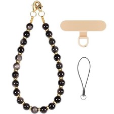 Gemstone Beaded Phone Charm Wrist Strap with Steel Cable Silver Sheen Obsidian