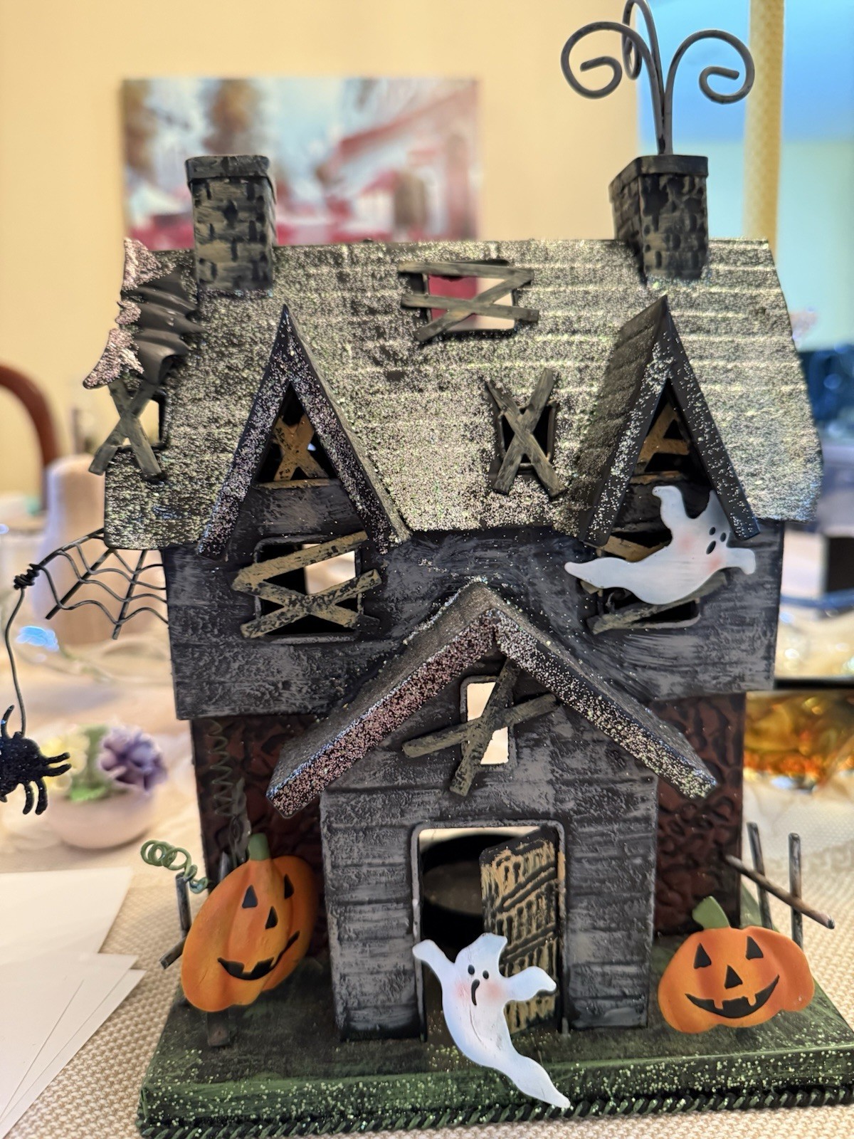 Halloween Metal Haunted House Pumpkins Ghost Tea Light Votive Candle Holder 11”