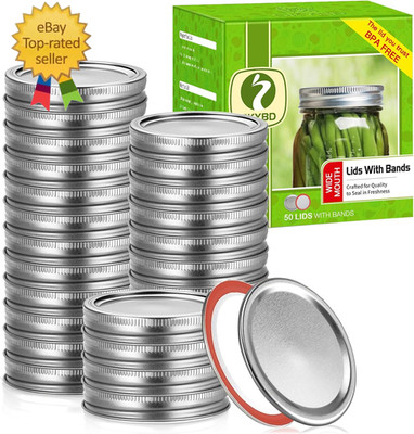 100Pcs/50 Sets Canning Lids and Rings Wide Mouth, Premium Mason Jar Lids with Ri