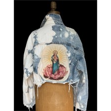 OOAK Distressed Bleached Denim Sacred Heart Lotus Cropped Jacket M