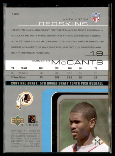2001 Upper Deck SPx Darnerrien McCants Redskins 120 /999 - Picture 2 of 2
