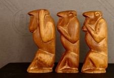 3 Hand Carved Wooden 3 Wise Monkeys On a Hard Wood? 5-1/2" Tall