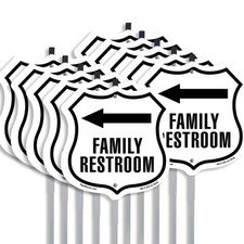 Family Restroom Left Shield Shaped Sign With Stake Crafted in the USA
