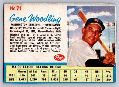 1962 POST #71 GENE WOODLING WASHINGTON SENATORS