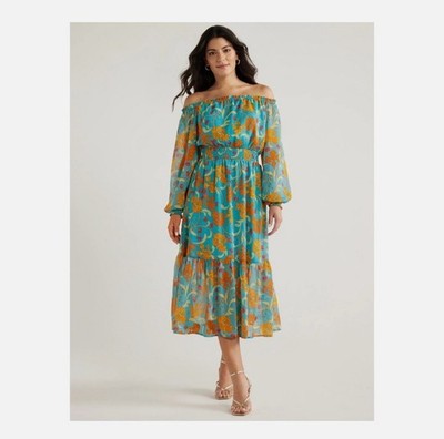 Sofia Vergara Floral Off Shoulder Midi Dress XS Teal Orange Smocked boho