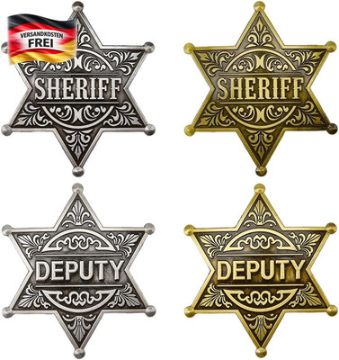 Sheriff Abzeichen Set 4 Stück für Western Partys, Cowboy Deko, Metall, 69x61 mm