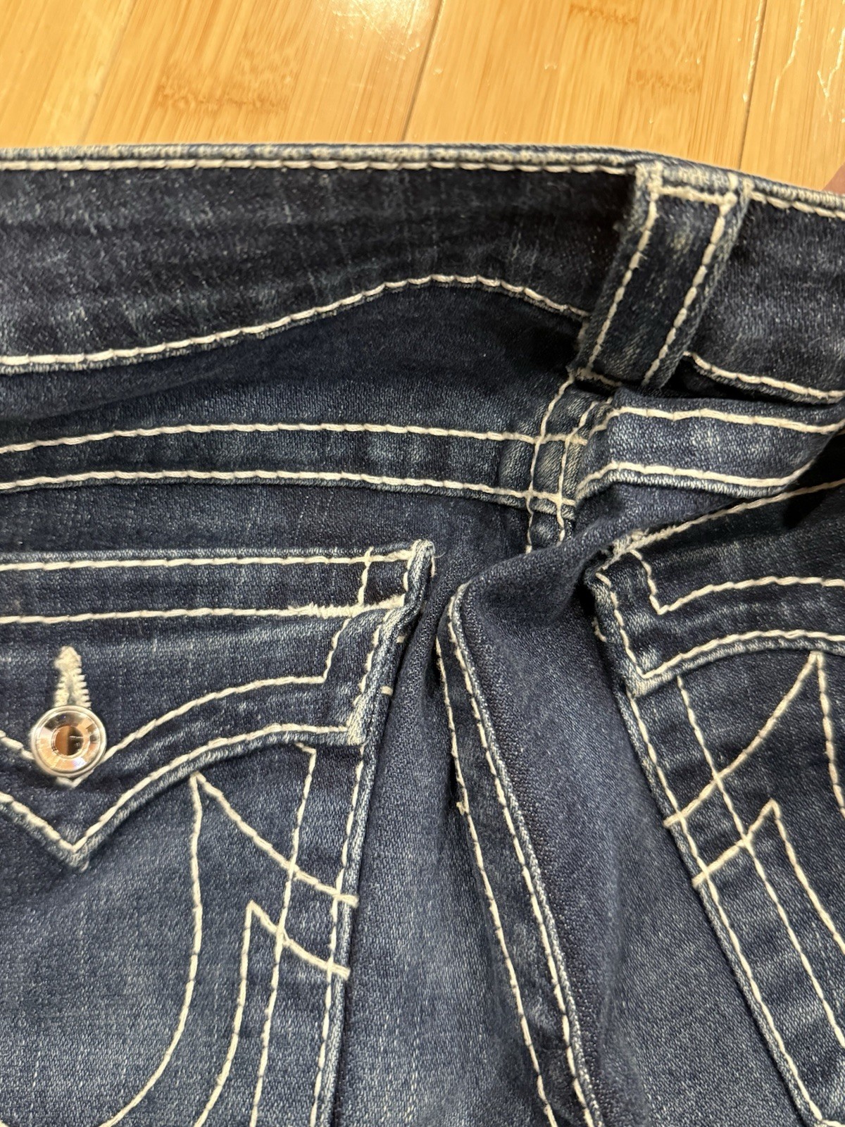 True Religion Jeans Women’s Disco Joey Big T Sz 31 Flare Bottom Blue Denim USA thumbnail 14