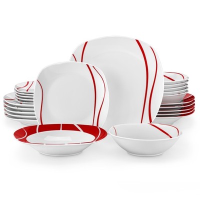 MALACASA Felisa Porcelain Dinnerware Set 24-Piece Red Stripes Bowl and Plate Set