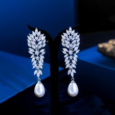 Silver Plated Cubic Zirconia Austrian Crystal Long Leaf Pearl Dangle Earrings