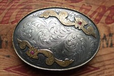 Vtg Floral Hand Made Engraved Cowboy Cowgirl Silver Plated Western Belt Buckle