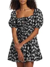 Polo Ralph Lauren L46015 Black Romantic Hibiscus Puff-Sleeve Minidress Size 2