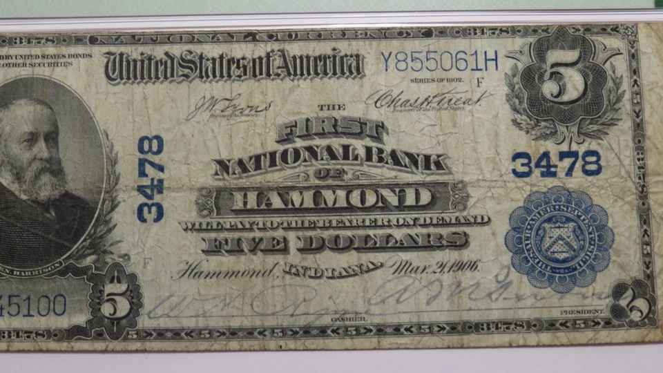$5 1902 Hammond Indiana IN National Currency Bank Note Bill Ch. #3478 F15 PMG - Image 3 of 4