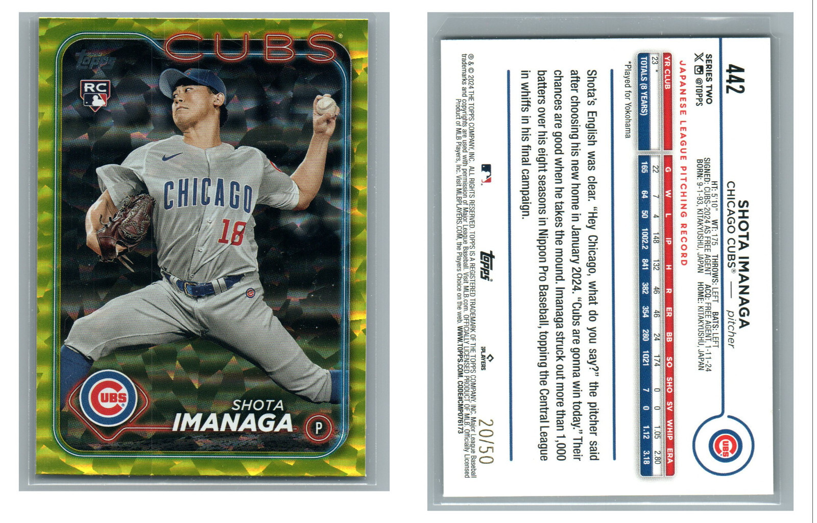 2024 TOPPS YELLOW CRACKLE ICE FOILBOARD 20/50 RC 442 SHOTA IMANAGA CUBS MINT