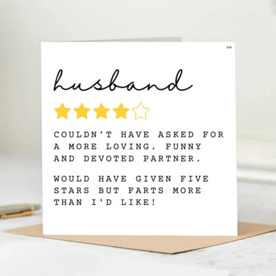 HANDMADE Funny Husband Birthday Card – 4 Star Review – Loving but Farty! 6x6