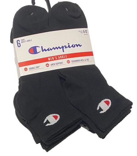 Champion Men's 6-Pack Cushioned Ankle Socks Black | eBay