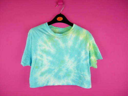 VINTAGE Tie-Dye Green Blue Cotton Crop Hippy Womens 90s T-Shirt Tee Top S 8 10 - Foto 2 di 9