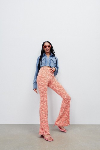 NEW ZARA Orange Daisy Print Flare Bottom Pants Size S Boho Hippie 70s Peace - Picture 7 of 7