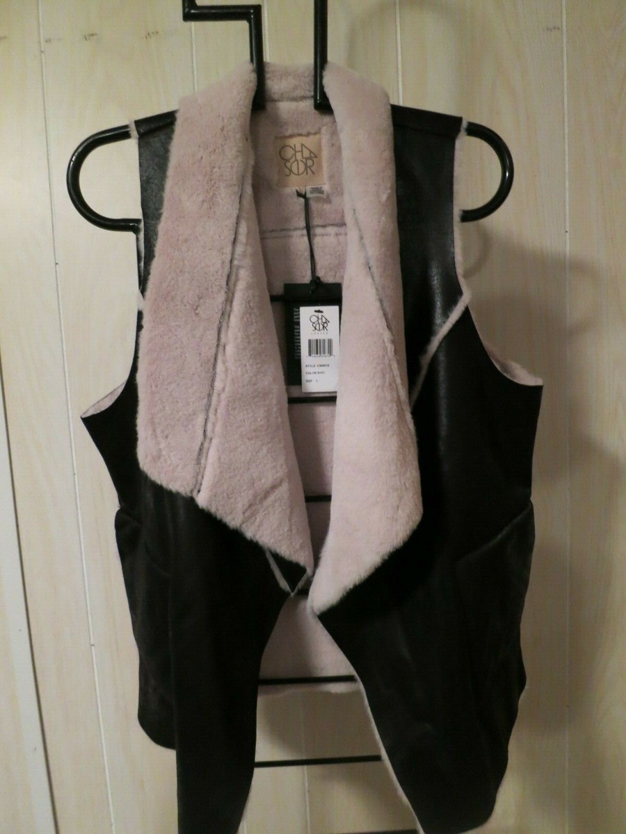 Chaser Women's Long Vest Black Soft Faux Fur Leather Like Size