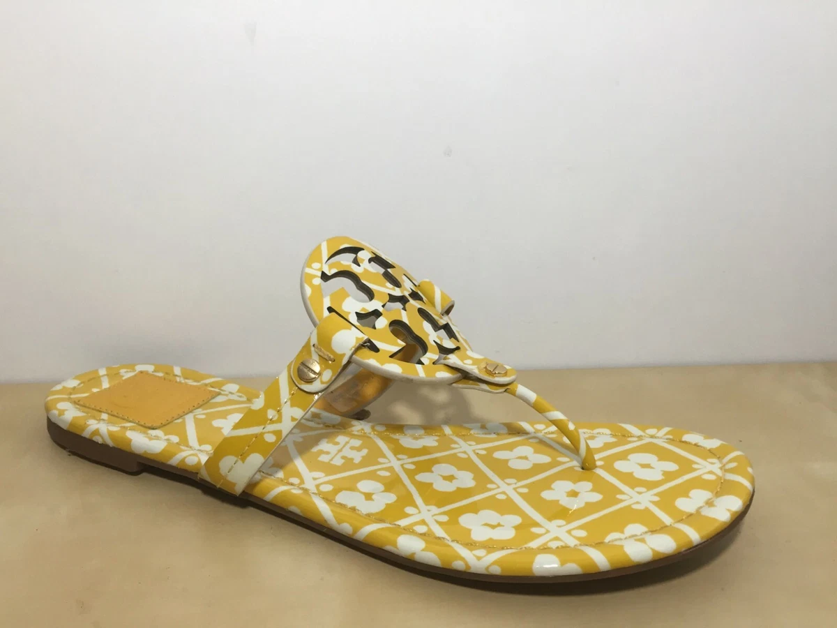 Tory Burch Miller Sandal Patent Yellow White Floral Print Thong Flat US 10 M