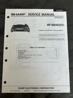 Service Record Sharp Sharp RP-8800 Record Player Turntable Service Manual Vintage OEM ...