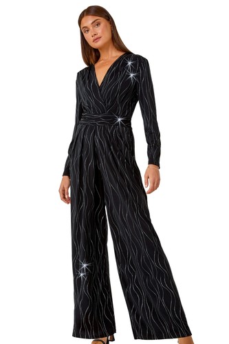 Embellished Wide Leg Stretch Jumpsuit For Women UK - Ladies Roman Originals - Picture 1 of 16