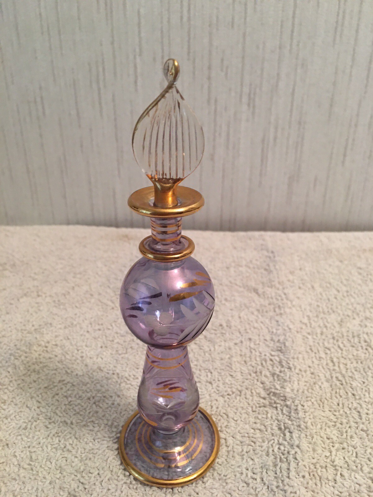 Vintage Handblown EGYPTIAN Purple Perfume Bottle With Gold Trim 5.75&rdquo; Tall