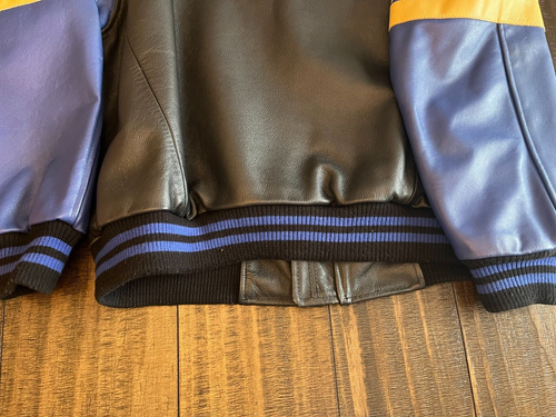 VINTAGE 80S POLARIS LEATHER BOMBER JACKET MENS XL CHECKERED FLAGS BLACK BLUE - Picture 12 of 14
