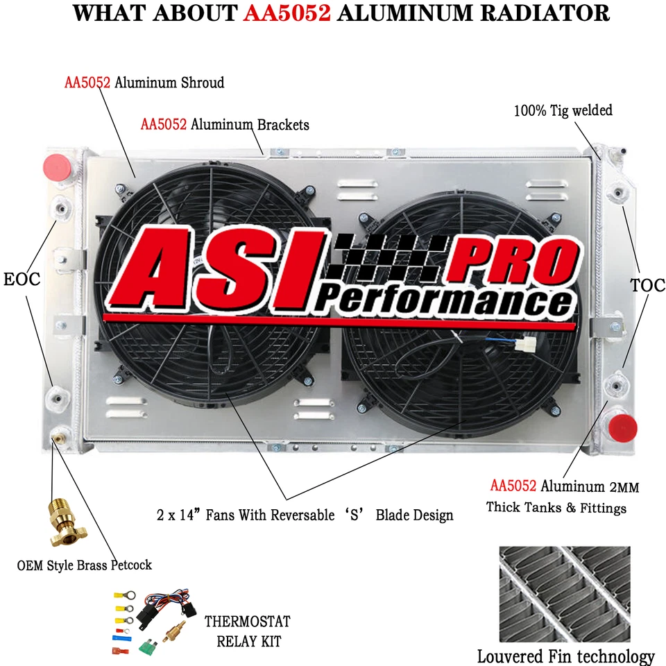 4 Row Radiator+Shroud Fan fit 1994-96 Chevy Caprice Impala Buick Roadmaster,5.7L - Image 2 of 4