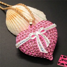 New Rhinestone Enamel Pink Bow Love Heart Pendant Fashion Women Necklace