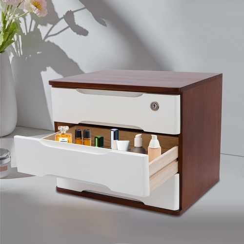 Wooden Desktop Storage Box Drawer Office Home Table Display Organizer with Lock - Picture 6 of 21