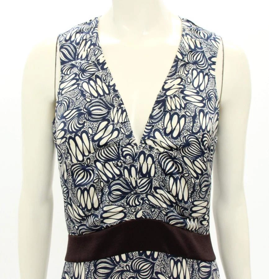 CELINE Abito in guaina collo a V blu navy e crema seta stampa batik 38