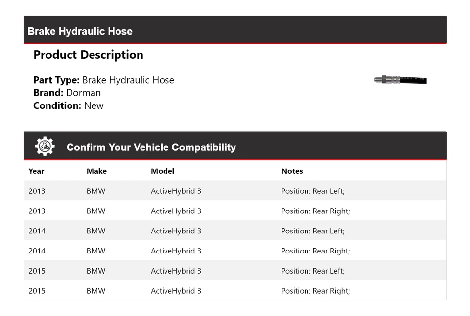 Гидравлический шланг тормоза Dorman для BMW ActiveHybrid 3 2013-2015 годов выпуска 2014 - Изображение 2 из 4