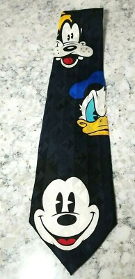 The Disney Store Donald Pluto Mickey Fab 3 Big Face Black Silk Tie New with Tags