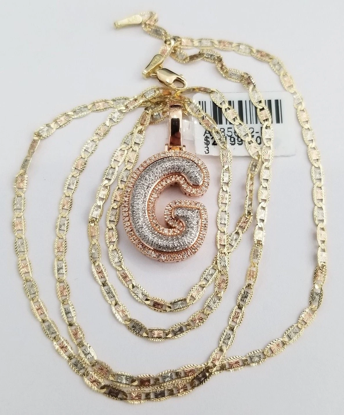 Ciondolo oro rosa lettera bolla iniziale G Bling diamante 22 pollici catena Valentino