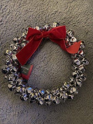 Brandneu mit Etikett Silber Metallic Schlitten Glockenkranz Rot Samtband Weihnachtsdekoration