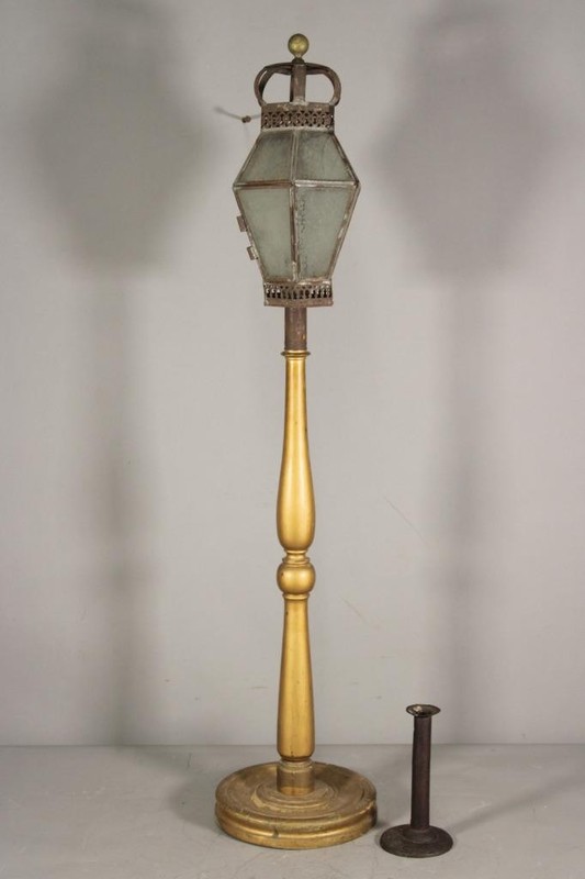 MUSUEM QUALITY 18TH C TIN LANTERN STYLE TABLE CANDLE LAMP ON ITS ORIGINAL STAND