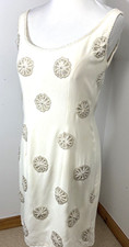 Pencil Dress Beaded Cream Fitted Shift Size S Fitted Circle Design & Back Slit