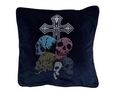 Black Velvet Pillow Cover w Crystal Skull & Cross – fits 20"x20"