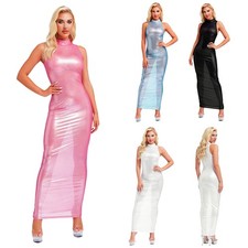Women Sheer Bodycon Maxi Dress Mock Neck See Through Long Dress Streetwear Club