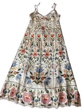 Farm Rio Boho Floral Linen Midi Dress Women M Scalloped Cutout Embroidery Straps