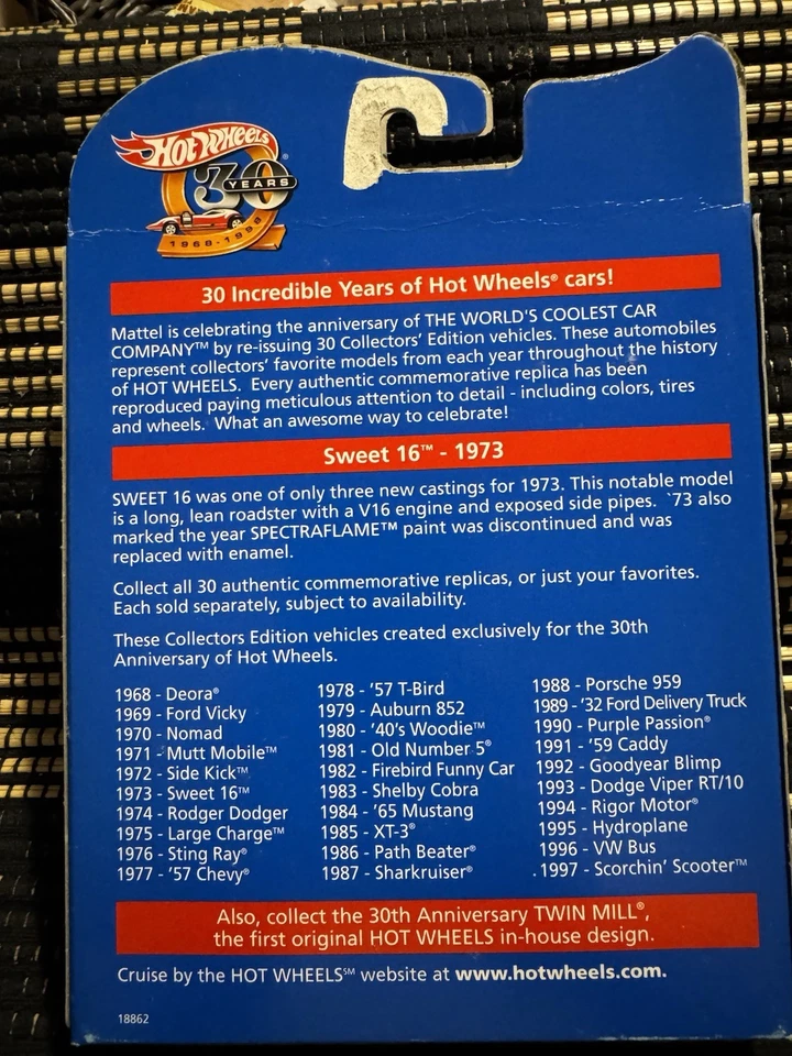Hot Wheels 1997 30th Anniversary 1973 Sweet 16 Redline Flying Colors - Image 2 of 2